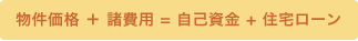 物件価格 + 諸費用 = 自己資金 + 住宅ローン